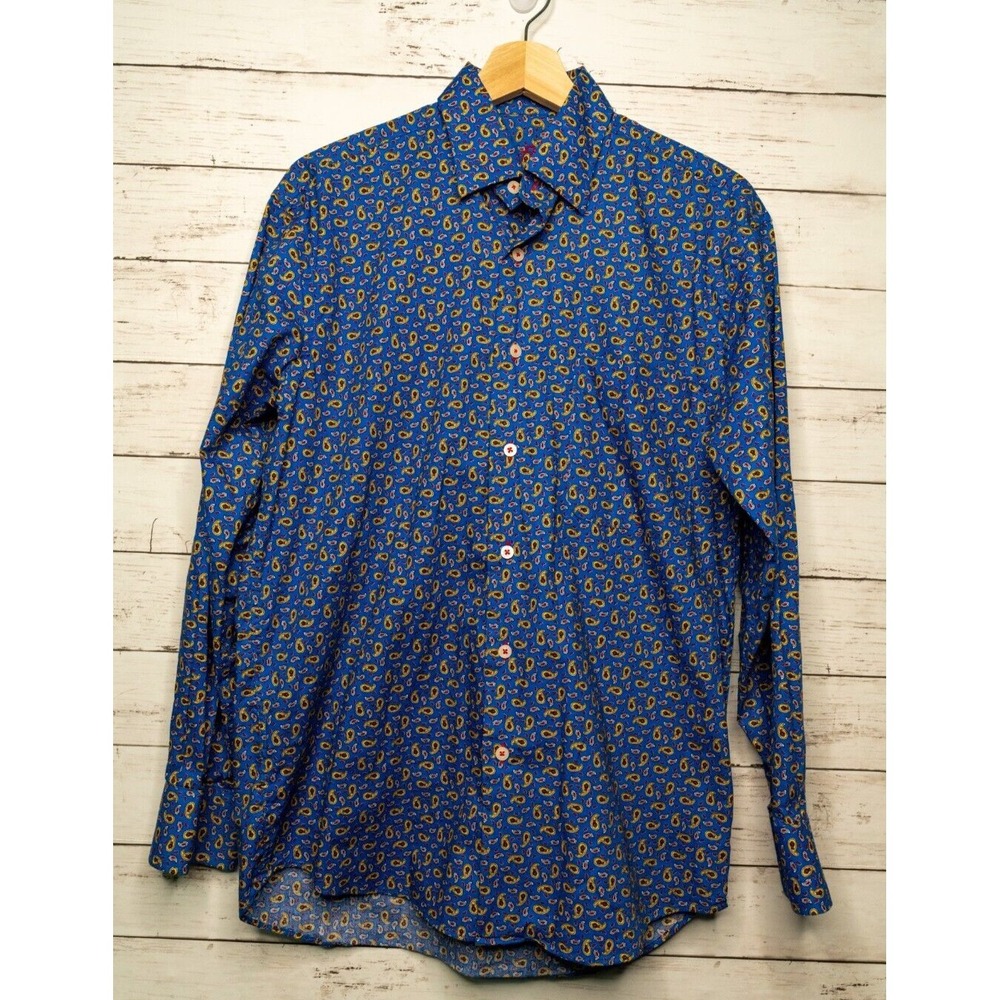 Alan Flusser Mens Small Blue Paisley Button Down Shirt Cotton Long Sleeve Print
